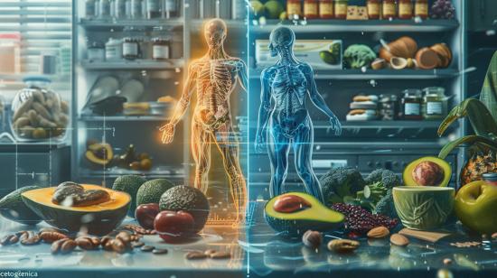 Ilustração realista dividida mostrando as vantagens e riscos da dieta cetogênica.