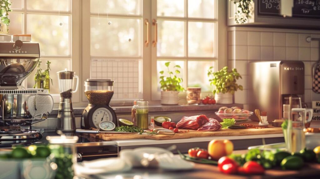 Fotografia hiper-realista de uma cozinha moderna com ingredientes da dieta keto e indivíduo fit preparando refeição.