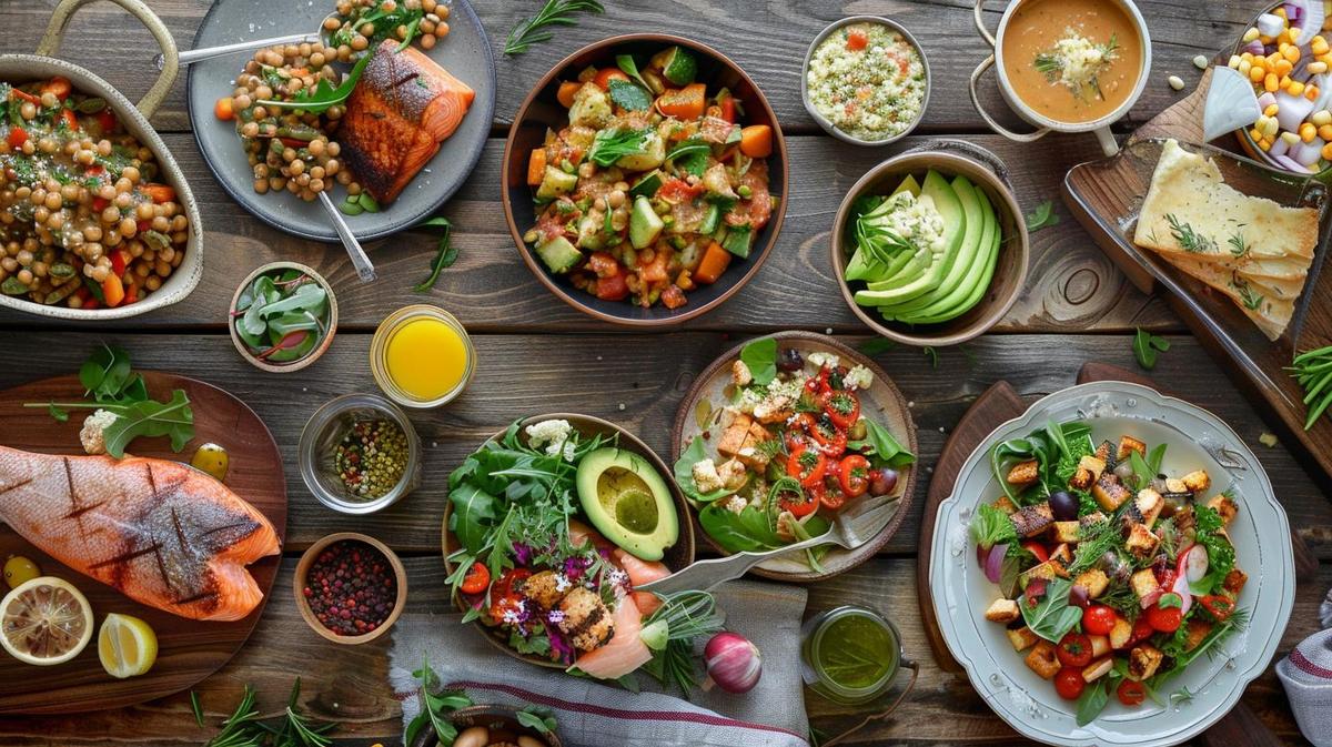 Fotografia hiper-realista de refeições vibrantes de uma dieta keto de 21 dias, em mesa rústica.