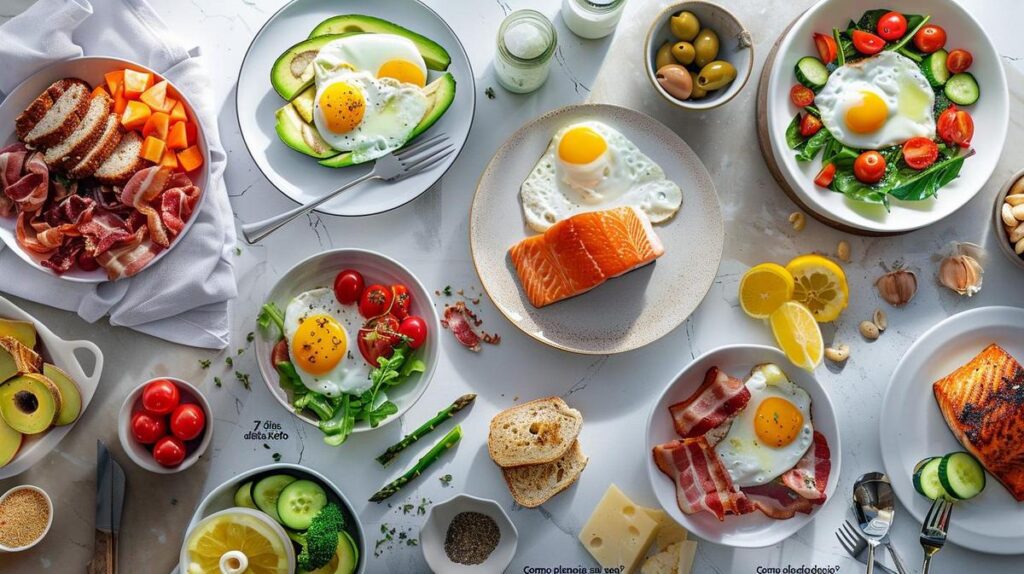 Menu keto de 7 dias em cozinha moderna, iluminada, com refeições coloridas e ingredientes ricos.