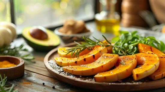 Fotografia hiper-realista de prato cetogênico com abóbora assada, alecrim fresco e sal marinho.
