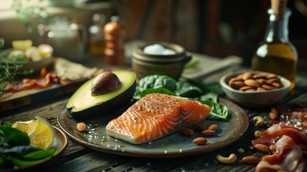 Fotografia com alimentos cetogênicos dispostos em mesa rústica, destacando texturas e cores vibrantes.