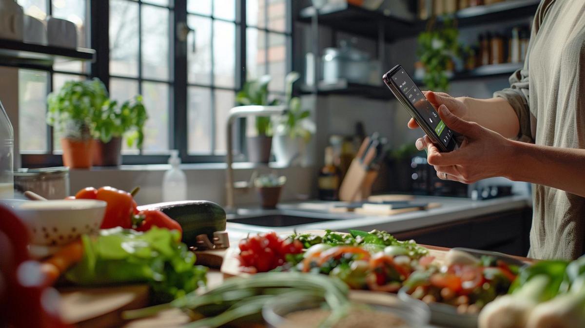 Fotografia realista de uma pessoa saudável preparando refeição keto, exibindo app de dieta no smartphone.