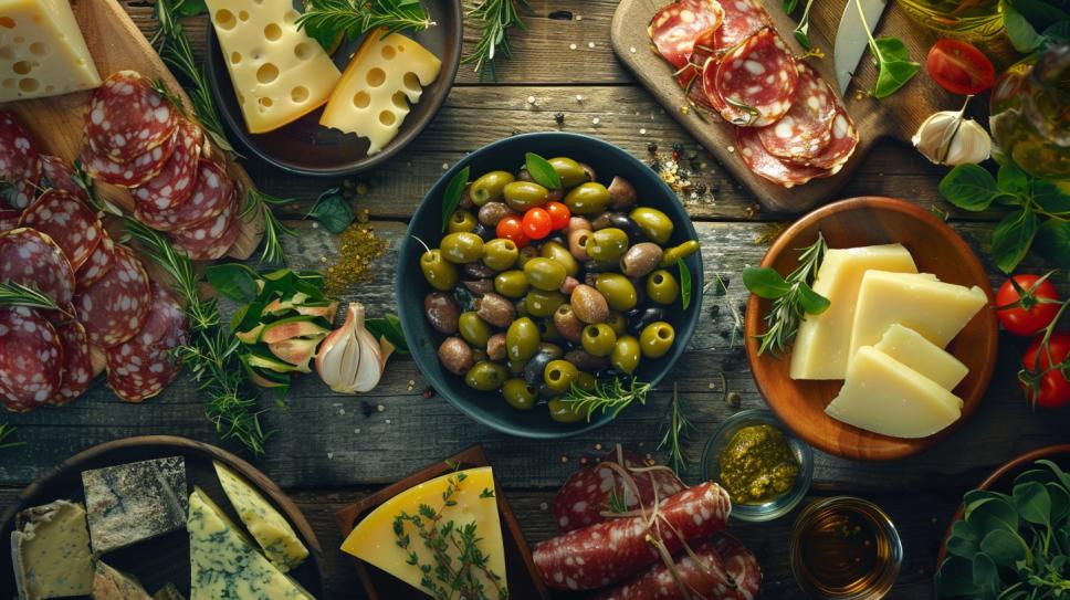 Fotografia hiper-realista de uma refeição cetogênica com azeitonas, vegetais, queijos e carnes grelhadas.