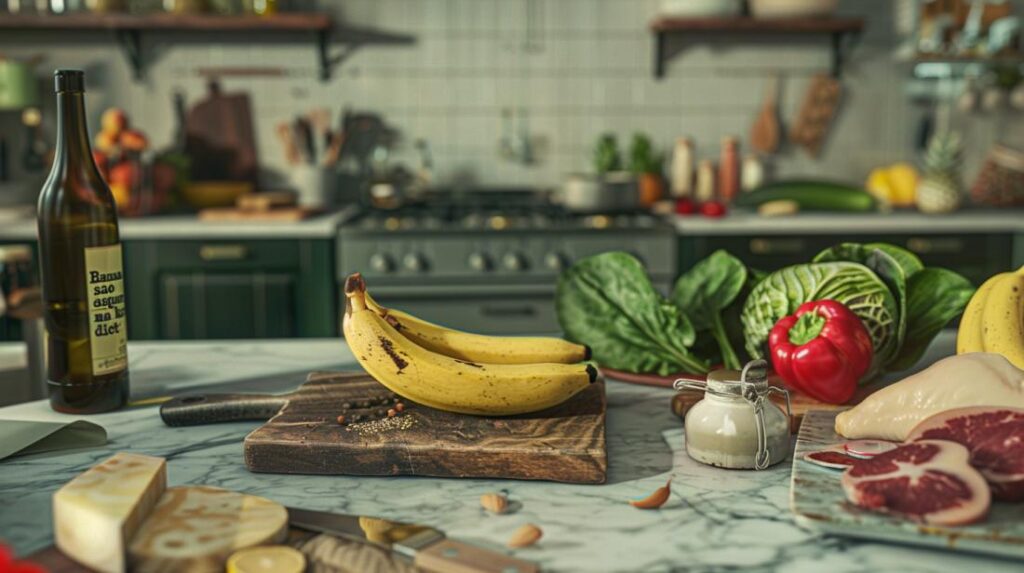 Banana em destaque em cozinha moderna, realçando a questão: "Banana na dieta keto?".
