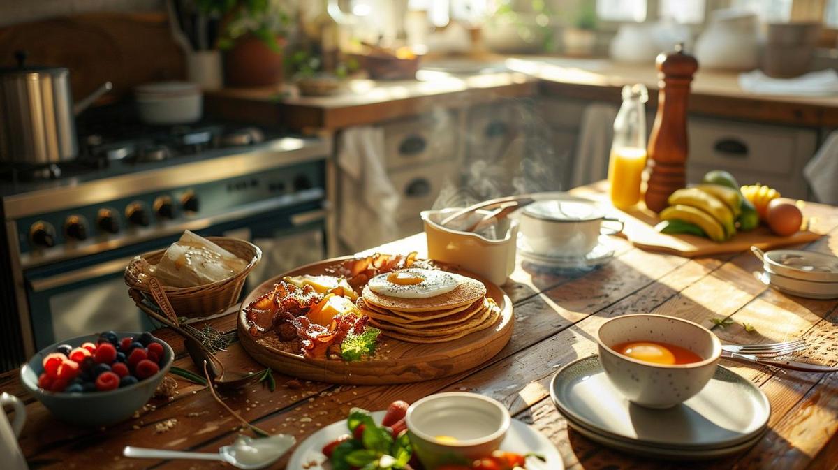Café da manhã keto hiper-realista com panquecas, abacate, ovos pochê, bacon, frutas e iogurte.