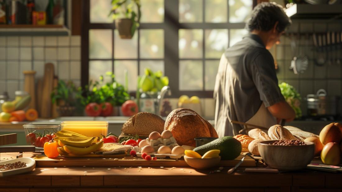 Pessoa em cozinha moderna contemplando dieta Keto versus alimentos não-Keto.