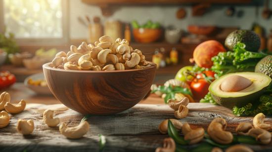 Fotografia hiper-realista de castanhas de caju em tigela de madeira rodeada por ingredientes cetogênicos.
