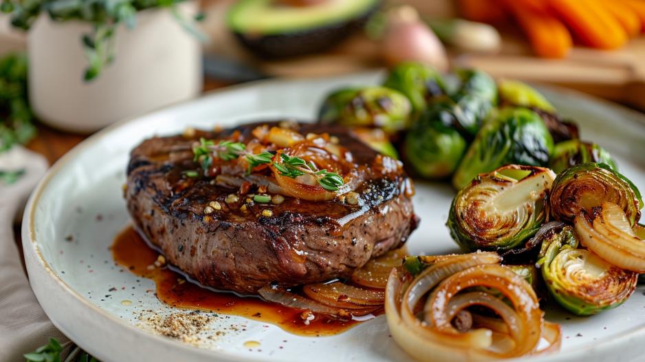 Fotografia hiper-realista de prato keto com bife, molho de alho e cebolas caramelizadas.