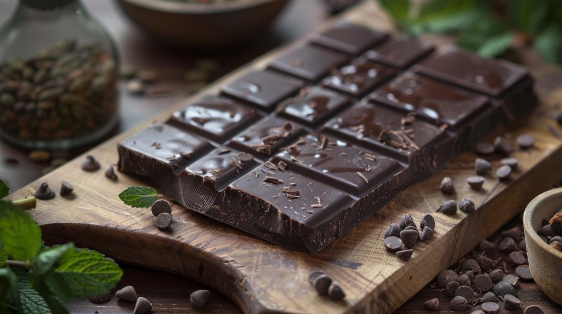 Fotografia hiper-realista de uma barra de chocolate keto, decorada com nibs de cacau e hortelã.