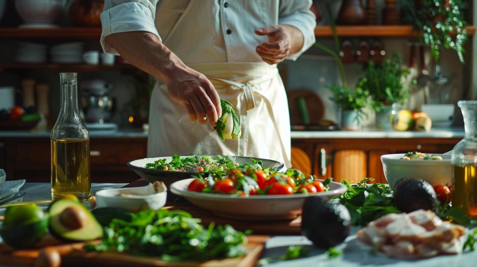 Fotografia hiperralista de chuchu em uma refeição cetogênica gourmet, chef preparando ingredientes frescos.