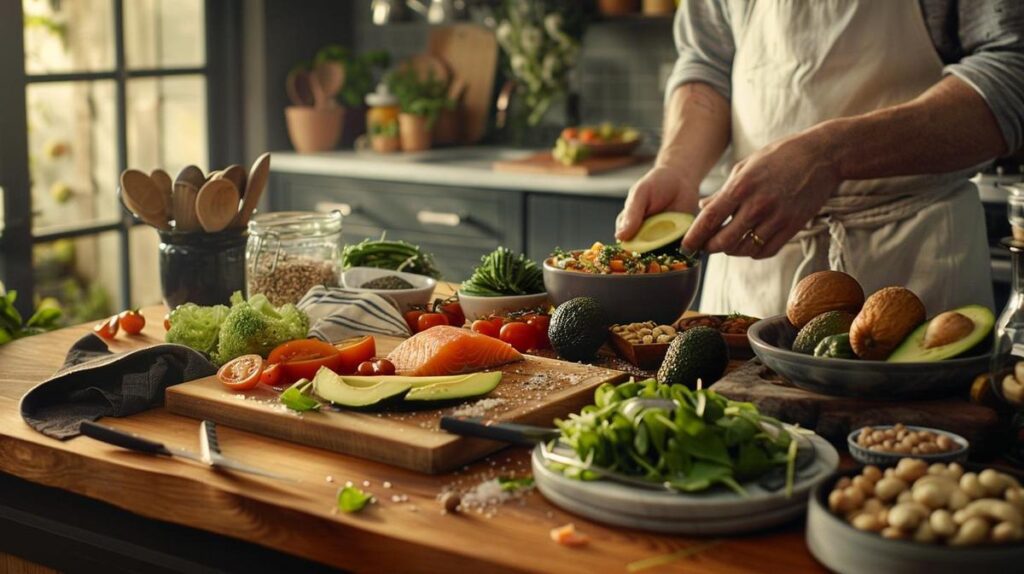 Fotografia ultra-realista de uma cozinha vibrante com ingredientes e guia passo a passo da dieta cetogênica.