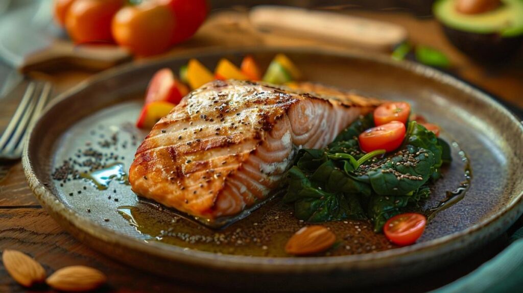 Refeição cetogênica com salmão grelhado, espinafre salteado e salada de abacate em cozinha rústica.