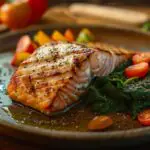 Filé de peixe preparado num prato com folhas e vegetais.