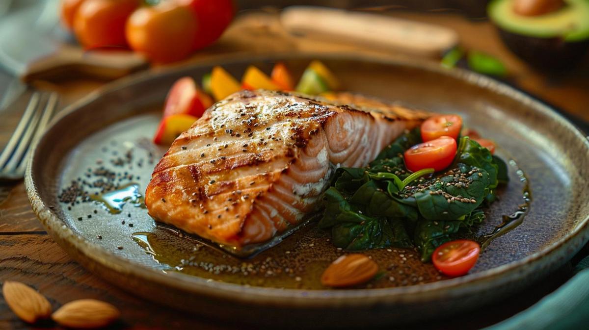 Refeição cetogênica com salmão grelhado, espinafre salteado e salada de abacate em cozinha rústica.