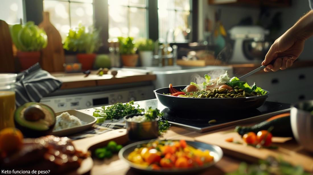Foto hiper-realista de uma pessoa preparando uma refeição Keto colorida e nutritiva na cozinha.