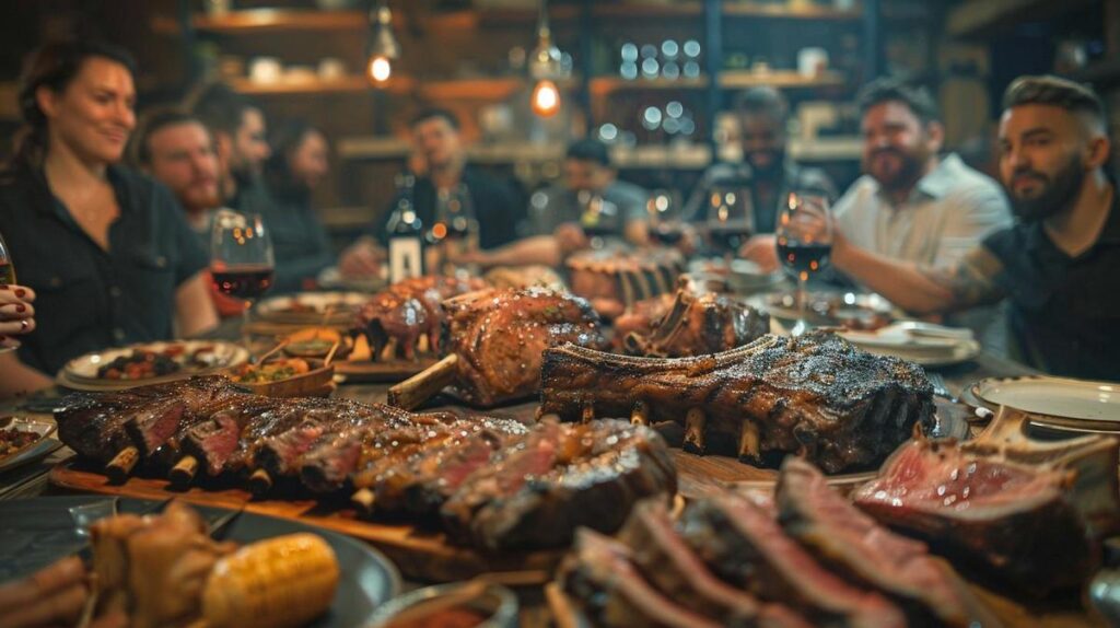 Mesa rústica com carnes suculentas; pessoas de várias etnias discutem animadamente sobre a dieta.