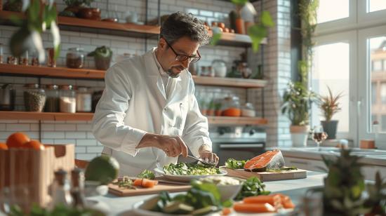 Imagem hiper-realista do Dr. Lair Ribeiro preparando uma refeição cetogênica em cozinha moderna.
