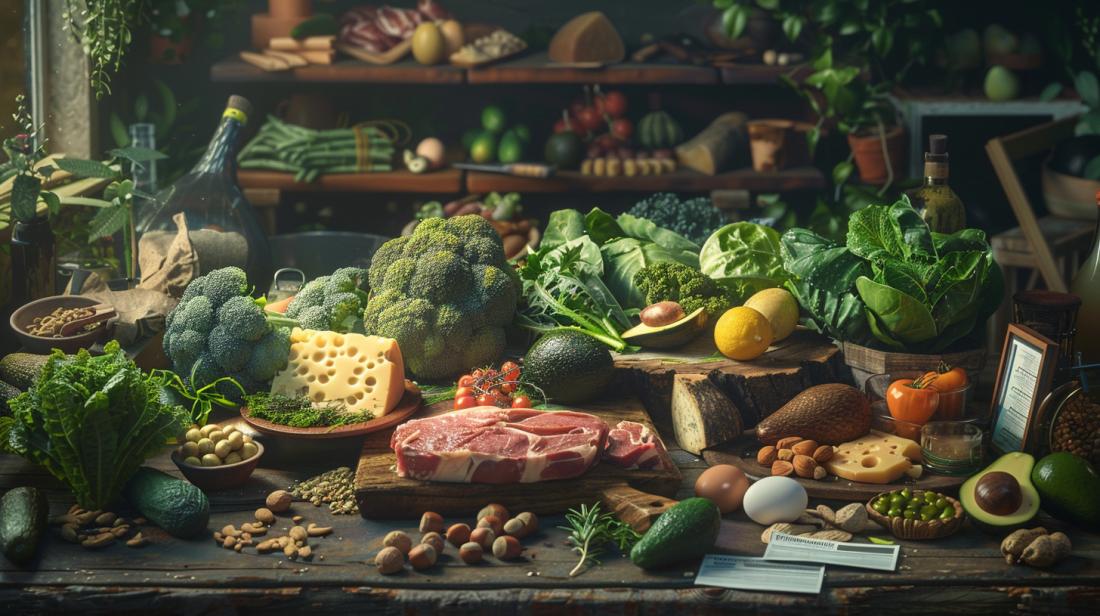 Fotografia hiper-realista de alimentos cetogênicos em uma mesa rústica com luz natural e tablet.