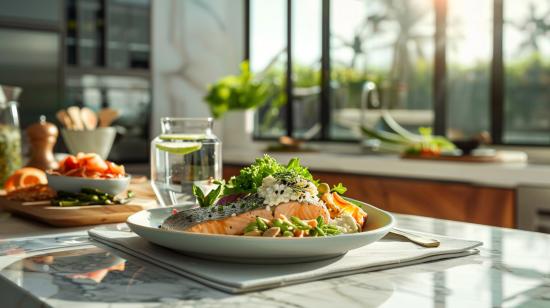 Cinco dias de refeições cetogênicas em cozinha moderna, iluminada por luz natural; pratos detalhados e coloridos.