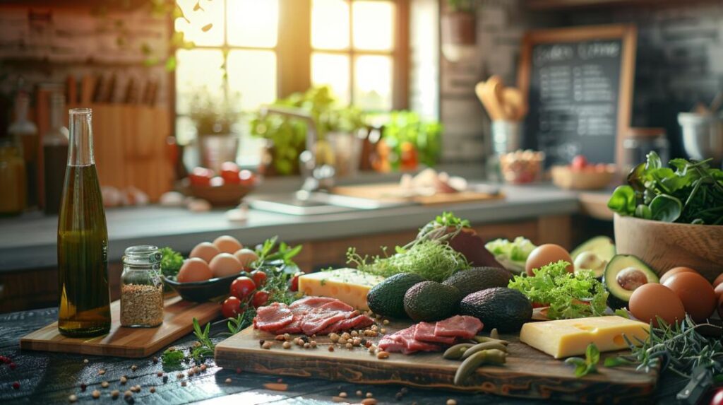 Nutricionista explicando dieta cetogênica em cozinha moderna com alimentos frescos e coloridos.