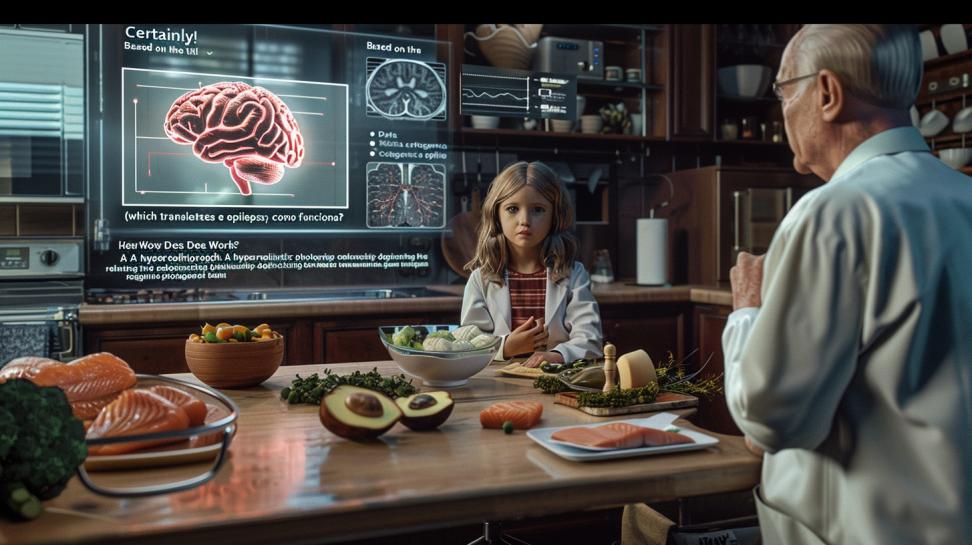Neurologista explica dieta cetogênica a família com filho epiléptico; comida baixa em carboidratos.