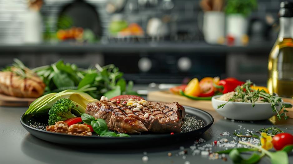 Fotografia hiper-realista de refeições cetogênica e low-carb em balcão de cozinha moderna.