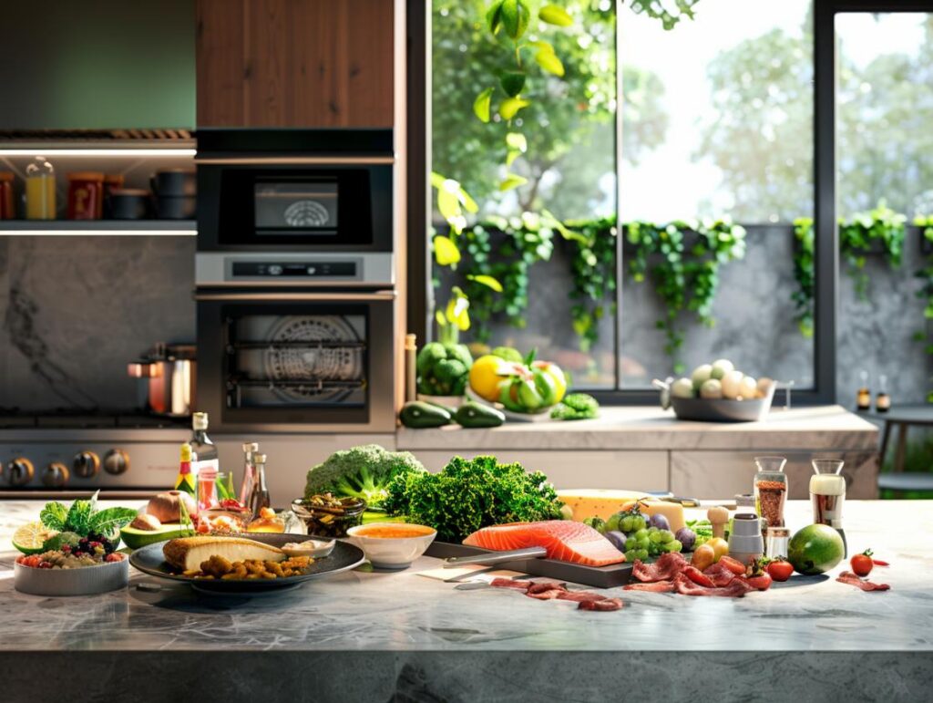Ilha de cozinha moderna com alimentos cetogênicos coloridos e atraentes sob luz natural intensa.
