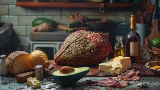 Fotografia hiper-realista mostrando efeitos negativos da dieta cetogênica na saúde do fígado.