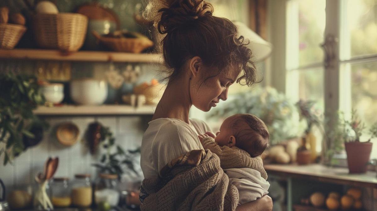 Mãe jovem amamentando seu bebê em cozinha aconchegante, promovendo uma dieta cetogênica.