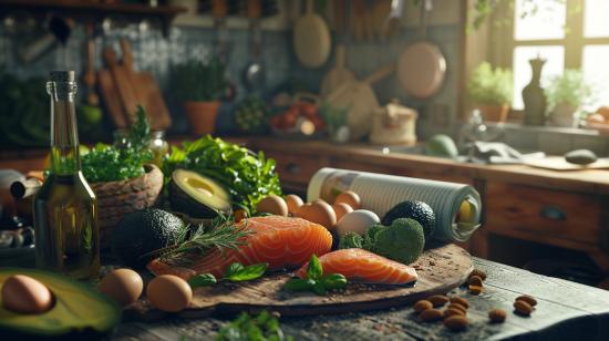 Ingredientes frescos do estilo de vida keto em um balcão rústico iluminado pelo sol.