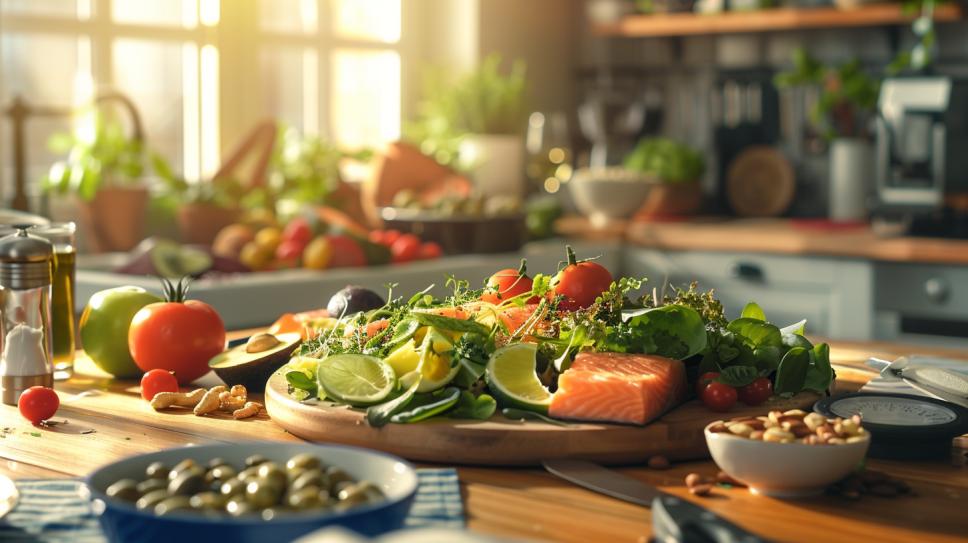 Mesa de jantar com dieta cetogênica: salmão, salada, nozes e medidor de glicose.