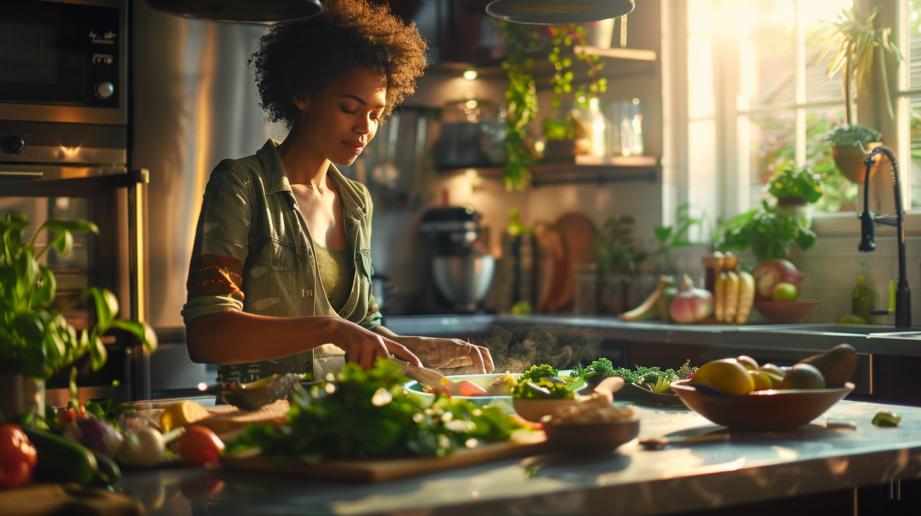 Mulher concentrada prepara refeição cetogênica em cozinha moderna com ingredientes frescos e vibrantes.