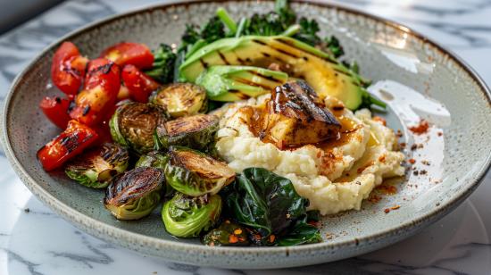 Foto vibrante de uma refeição vegetariana cetogênica com legumes coloridos e purê de couve-flor.