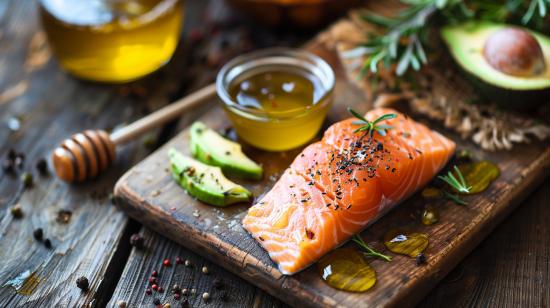 Fotografia hiper-realista de dieta cetogênica: salmão grelhado, abacate, verduras e mel em jarro.