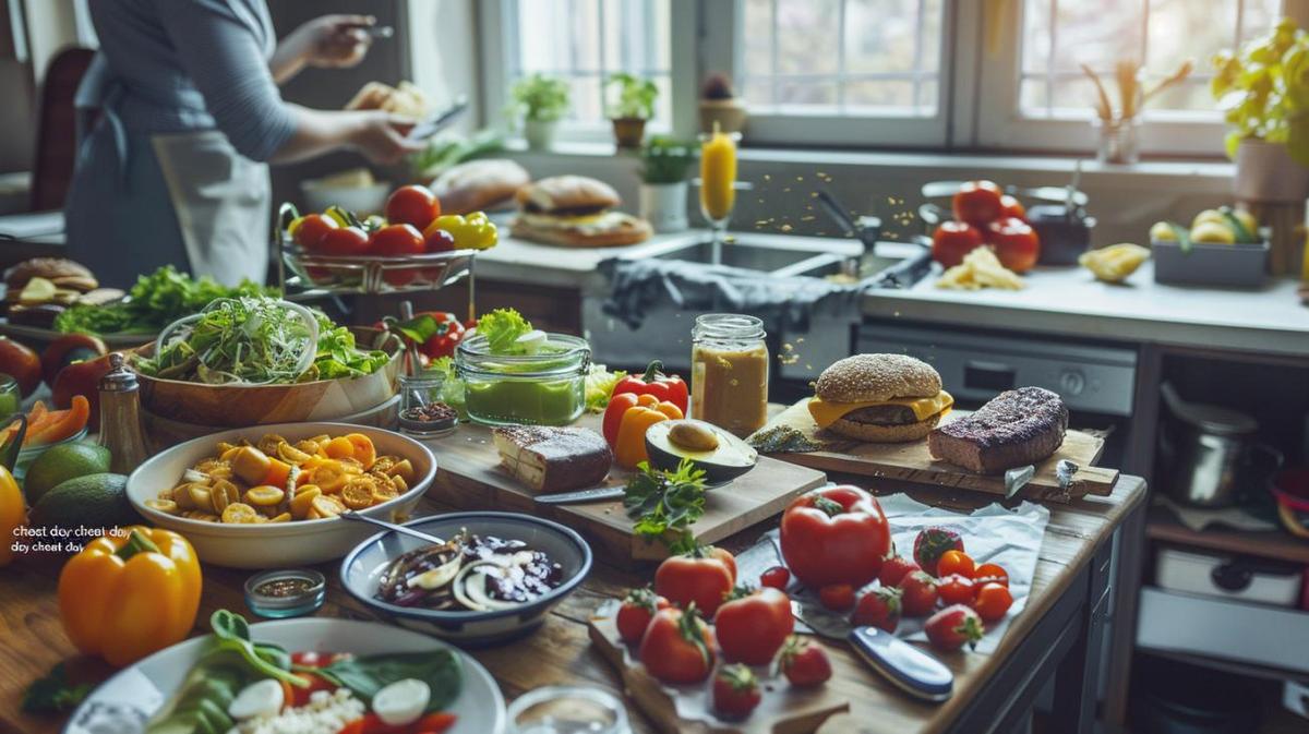 Atleta planejando uma refeição "cheat day" em uma cozinha moderna, com pratos cetogênicos e sobremesas tentadoras.