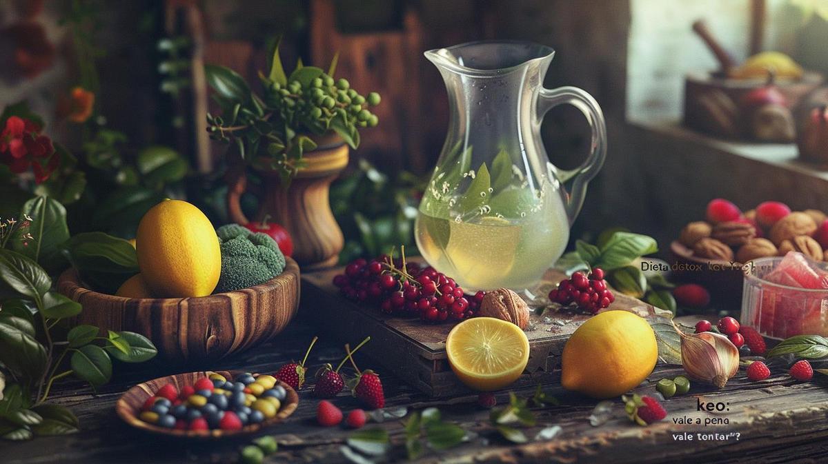 Fotografia hiperralista de alimentos detox keto em tigelas de madeira, água com limão, mesa rústica.