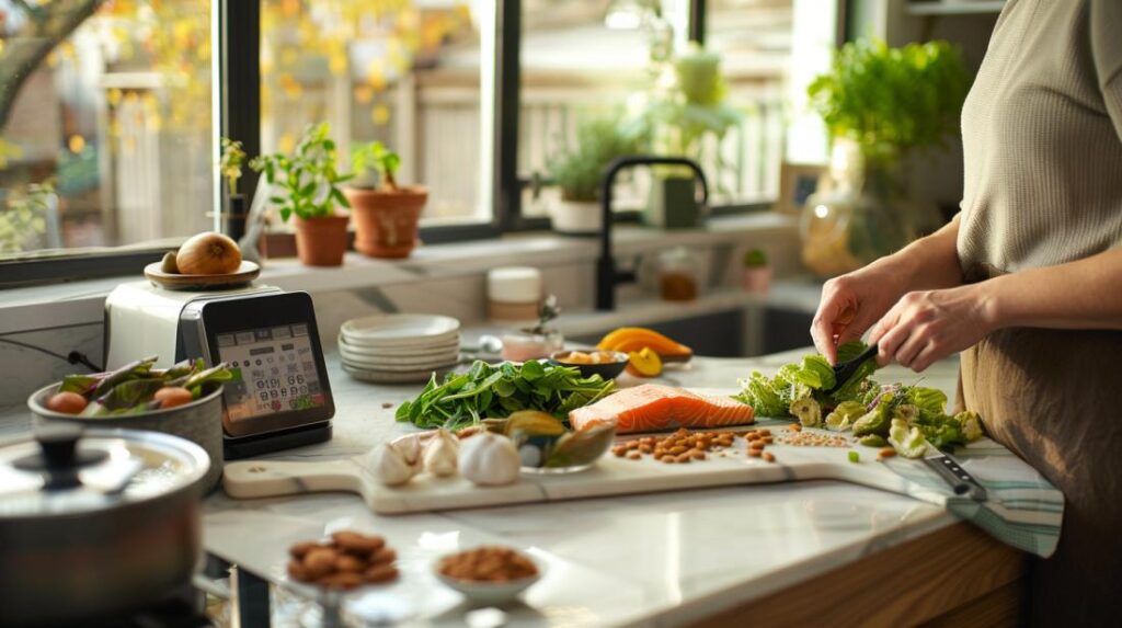 Fotografia hiper-realista de preparação de refeição keto em cozinha moderna e iluminada.