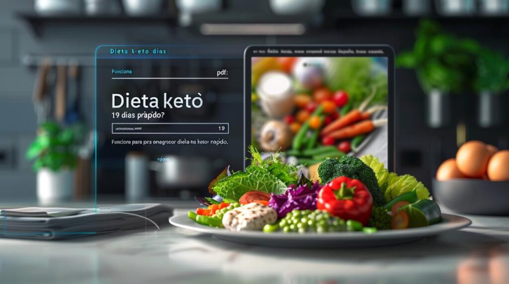 Fotografia hiper-realista de uma refeição cetogênica colorida em uma cozinha moderna, com PDF ao fundo.