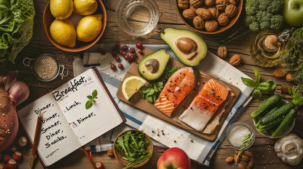 Mesa rústica com plano de dieta keto, abacate, salmão grelhado, frutas e vegetais.
