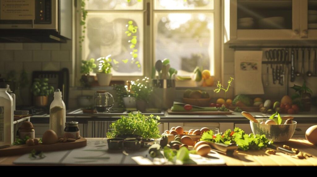 Pessoa preparando refeição keto acessível em cozinha acolhedora, iluminada pelo sol.