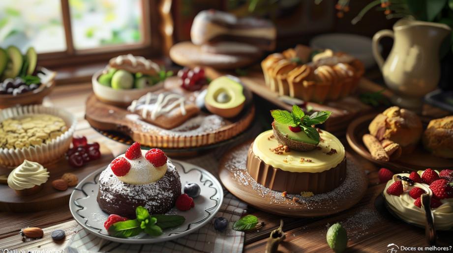 Fotografia hiper-realista de sobremesas cetogênicas, incluindo mousse de chocolate e cheesecake de abacate.