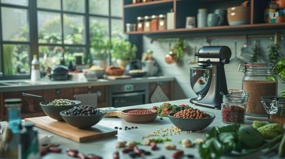Fotografia hiper-realista de nutricionista preparando pratos com feijões em uma cozinha moderna.