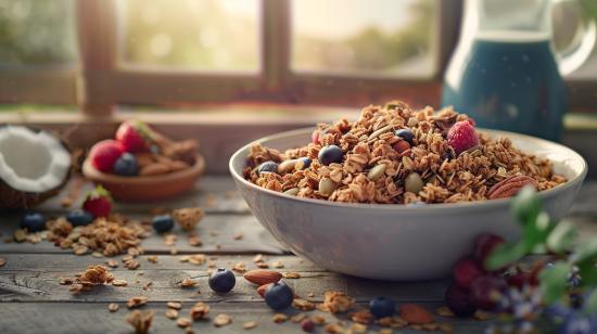 Fotografia hiper-realista de granola com nozes, coco, leite de amêndoa e frutas frescas.