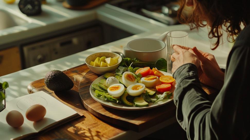 Duas pessoas discutem jejum intermitente e dieta cetogênica em cozinha moderna iluminada naturalmente.