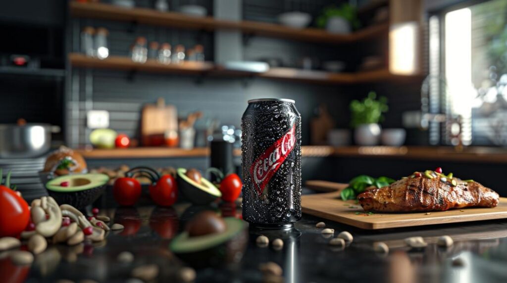 Lata gelada de Diet Coke Zero com comida Keto ao fundo, destacando refrescância e saúde.