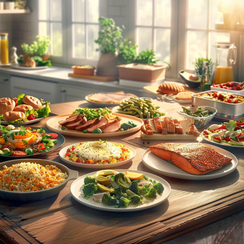 Hyperrealistic photo of a 7-day ketogenic diet menu on a vibrant, sunlit kitchen table.