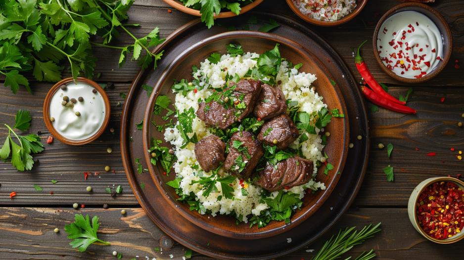 Prato de kibe cetogênico com carne, arroz de couve-flor, ervas e molho de iogurte.