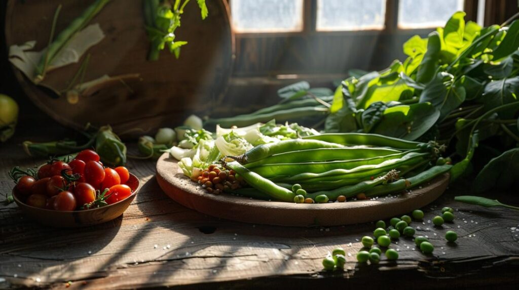 Prato de legumes frescos e nozes ao lado, iluminado por luz natural suave.