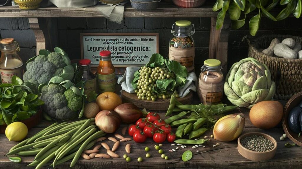 Fotografia hiper-realista de legumes amigáveis ao keto em uma mesa rústica cercada por vegetais keto.